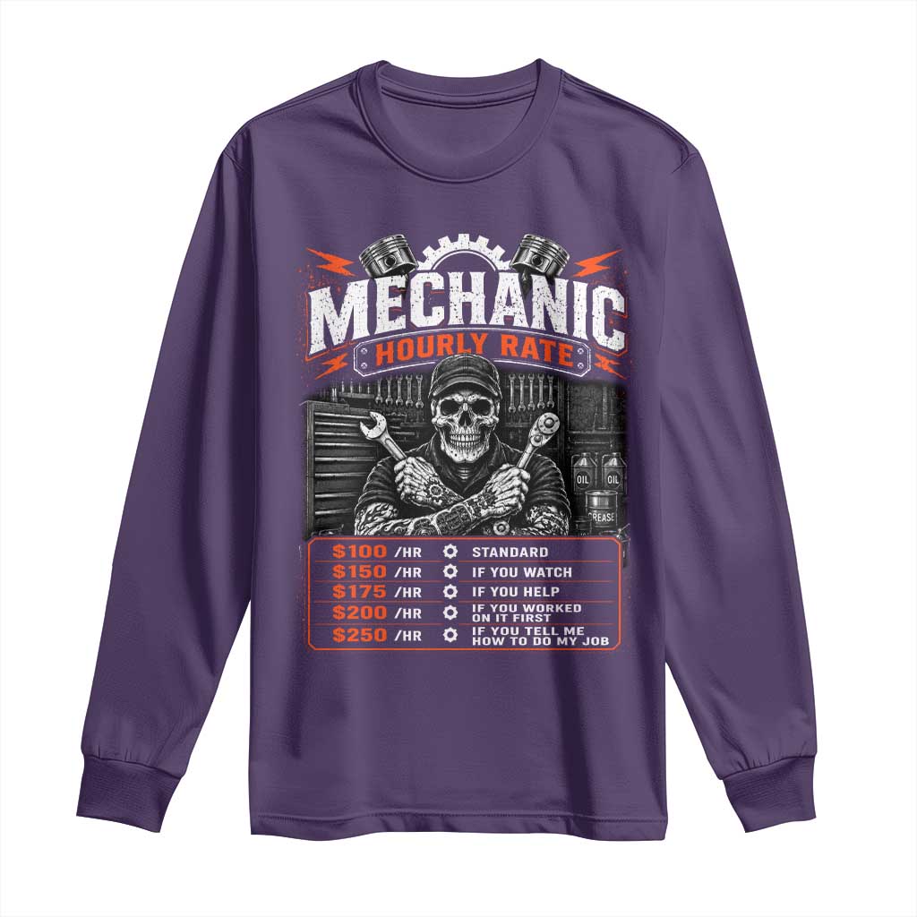 Mechanic Skeleton Long Sleeve Shirt Funny Hourly Rate Auto Car Garage Labor Rates TS10 Purple Print Your Wear