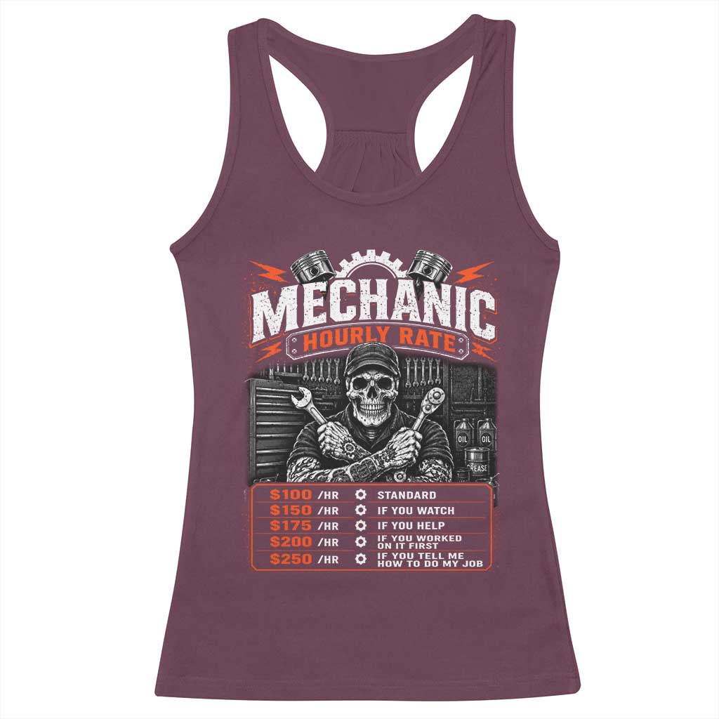 Mechanic Skeleton Racerback Tank Top Funny Hourly Rate Auto Car Garage Labor Rates TS10 Maroon Print Your Wear