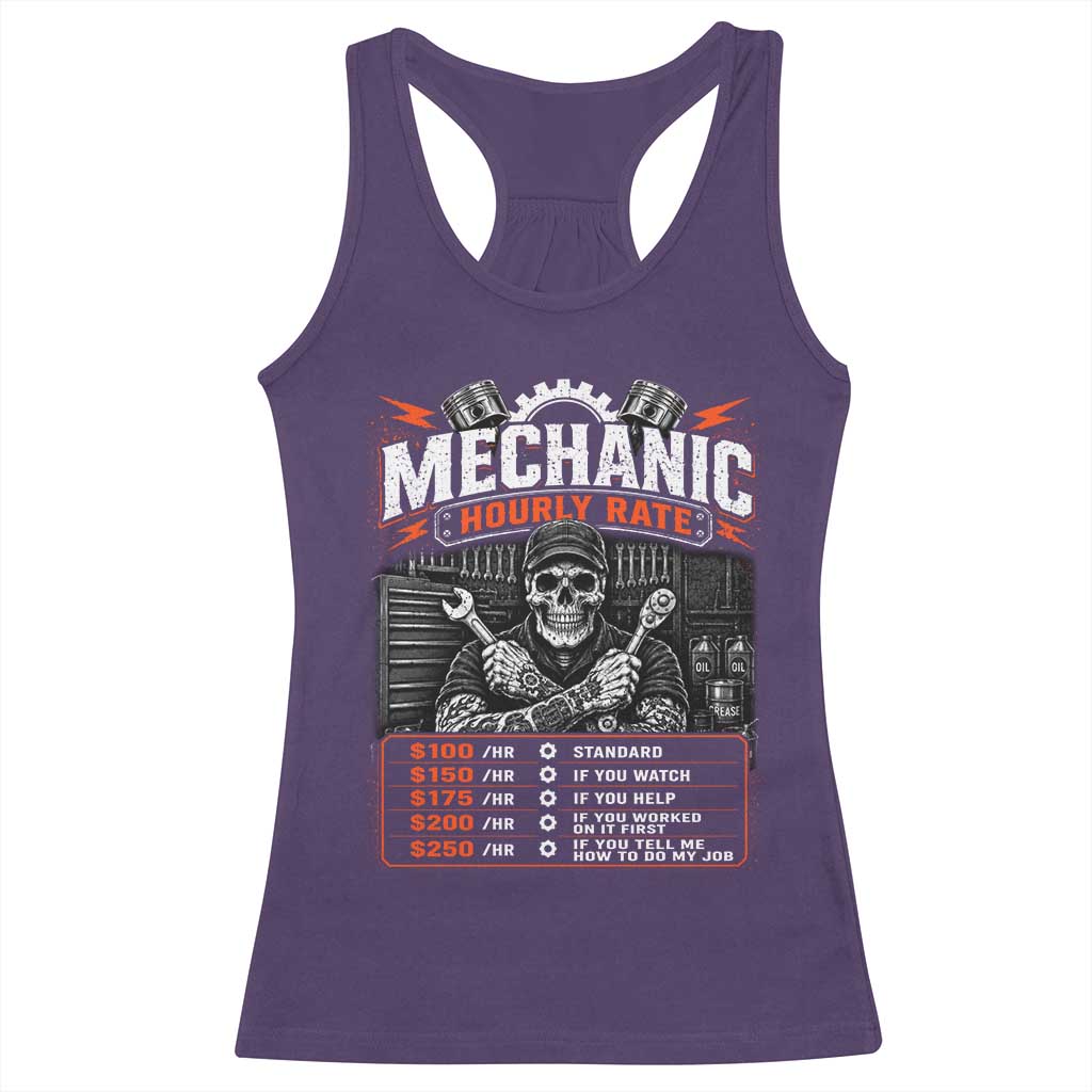 Mechanic Skeleton Racerback Tank Top Funny Hourly Rate Auto Car Garage Labor Rates TS10 Purple Print Your Wear