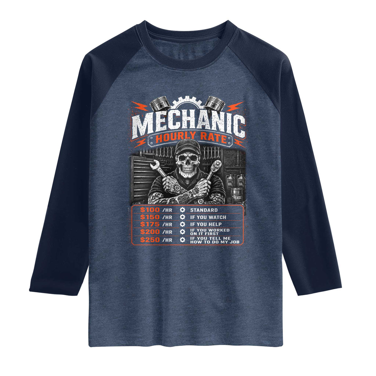 Mechanic Skeleton Raglan Shirt Funny Hourly Rate Auto Car Garage Labor Rates TS10 Heather Denim Navy Print Your Wear