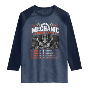 Mechanic Skeleton Raglan Shirt Funny Hourly Rate Auto Car Garage Labor Rates TS10 Heather Denim Navy Print Your Wear