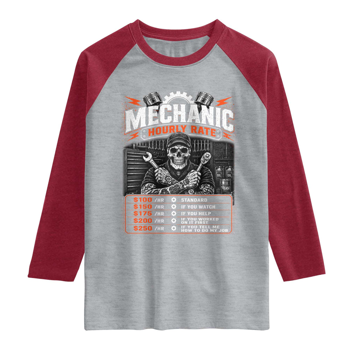 Mechanic Skeleton Raglan Shirt Funny Hourly Rate Auto Car Garage Labor Rates TS10 Heather Gray Heather Red Print Your Wear