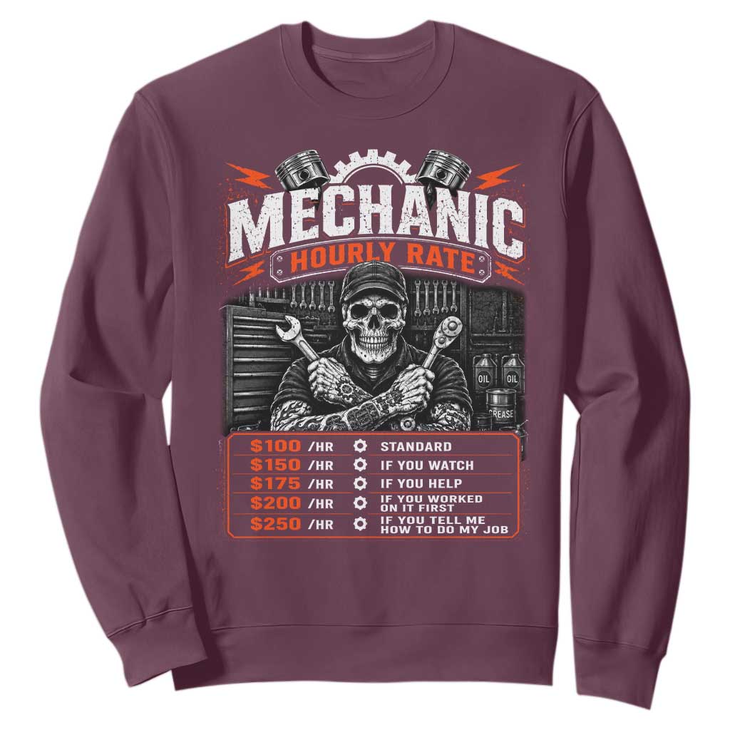 Mechanic Skeleton Sweatshirt Funny Hourly Rate Auto Car Garage Labor Rates TS10 Maroon Print Your Wear