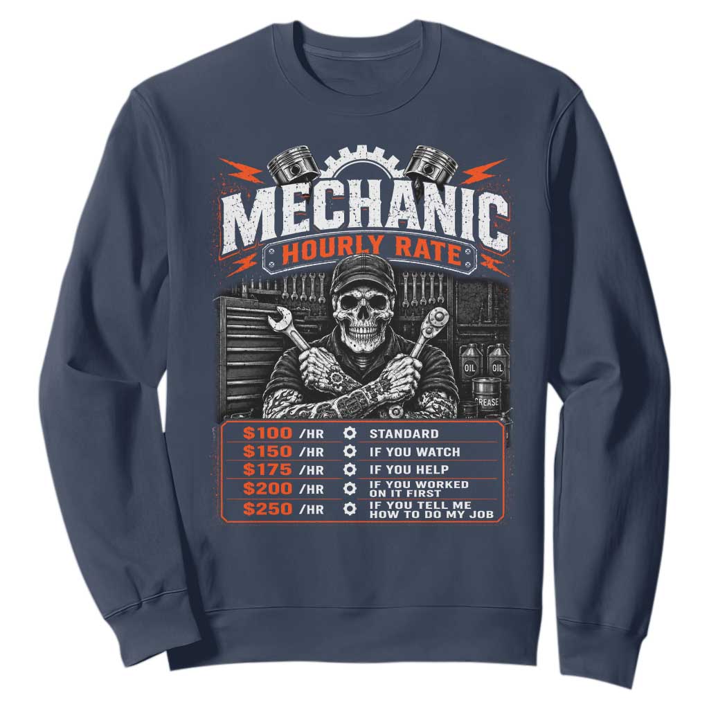 Mechanic Skeleton Sweatshirt Funny Hourly Rate Auto Car Garage Labor Rates TS10 Navy Print Your Wear
