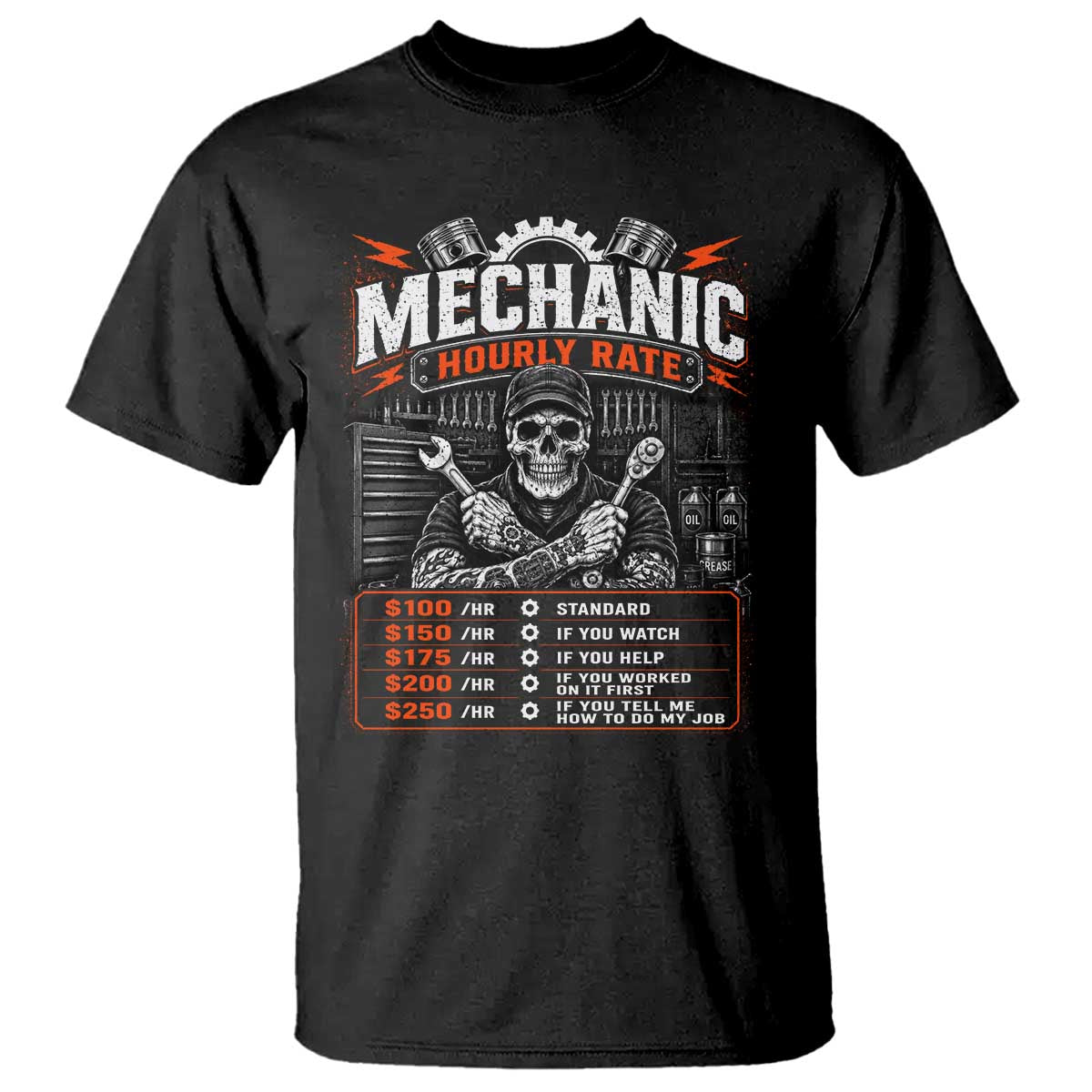 Mechanic Skeleton T Shirt Funny Hourly Rate Auto Car Garage Labor Rates TS10 Black Print Your Wear