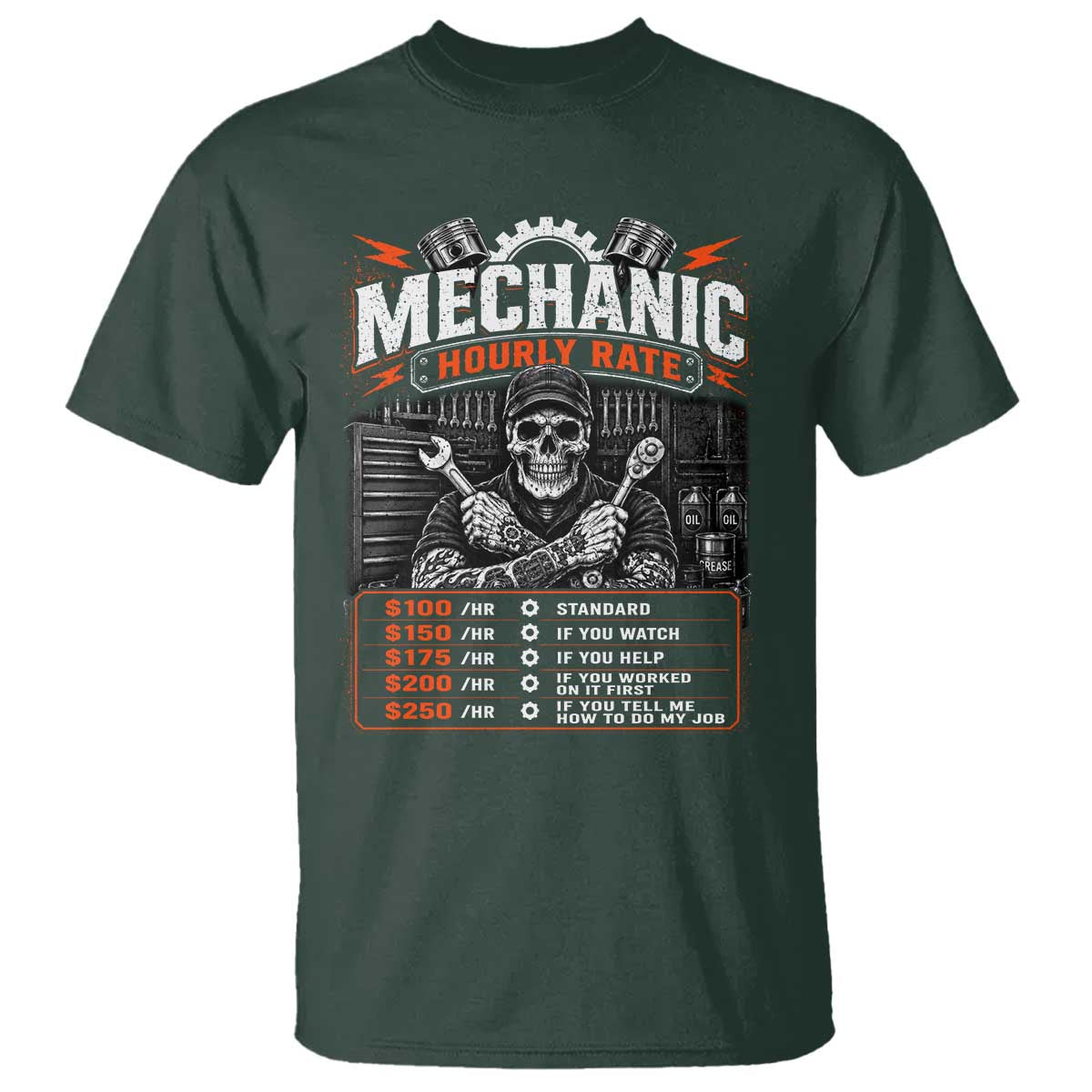 Mechanic Skeleton T Shirt Funny Hourly Rate Auto Car Garage Labor Rates TS10 Dark Forest Green Print Your Wear