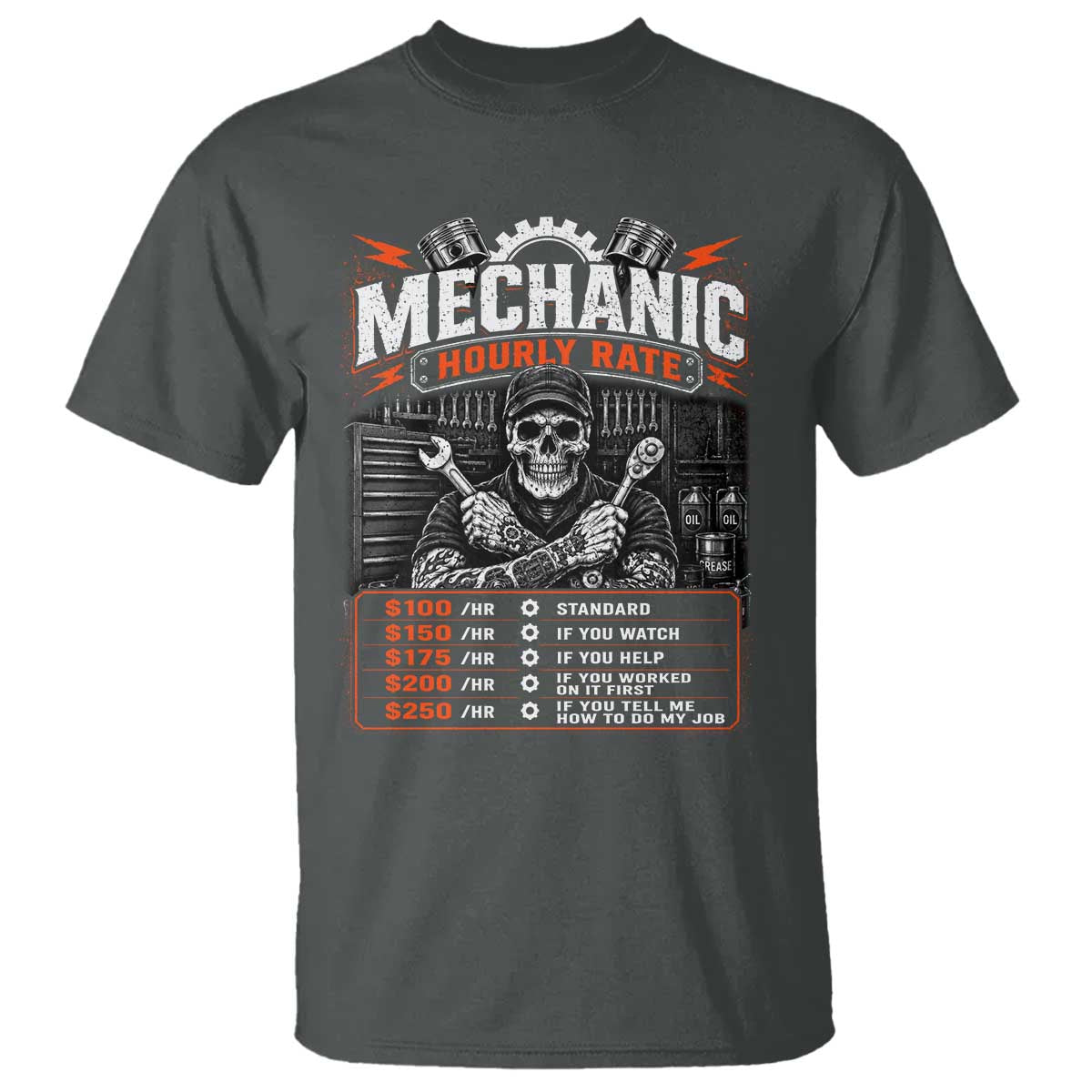 Mechanic Skeleton T Shirt Funny Hourly Rate Auto Car Garage Labor Rates TS10 Dark Heather Print Your Wear
