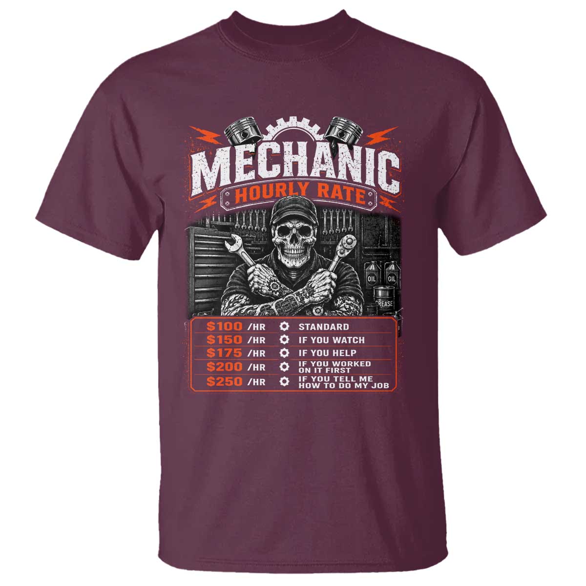 Mechanic Skeleton T Shirt Funny Hourly Rate Auto Car Garage Labor Rates TS10 Maroon Print Your Wear