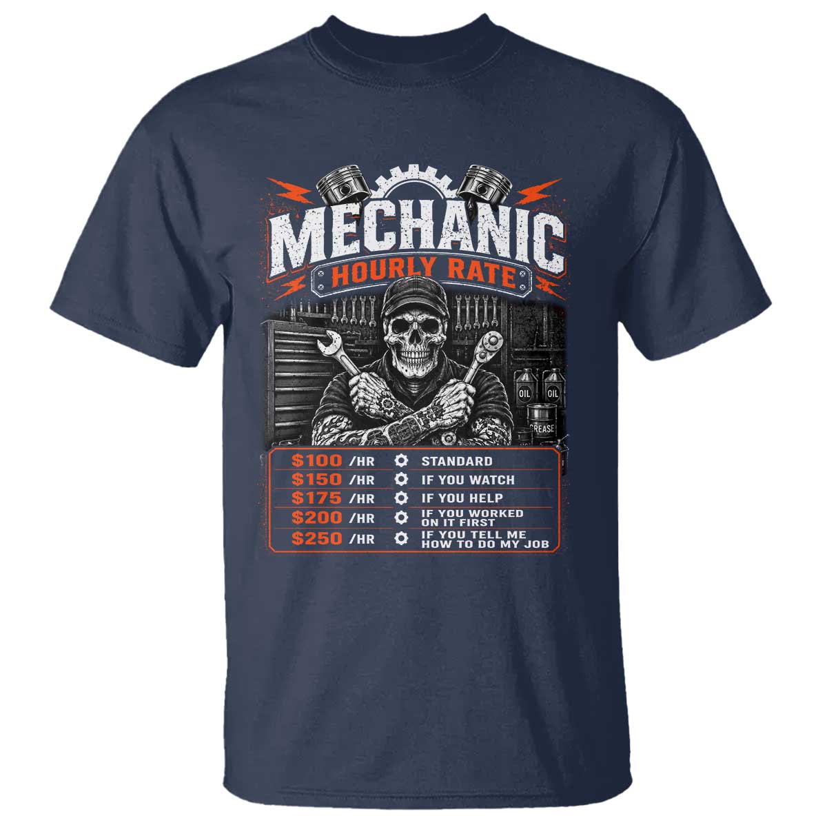 Mechanic Skeleton T Shirt Funny Hourly Rate Auto Car Garage Labor Rates TS10 Navy Print Your Wear