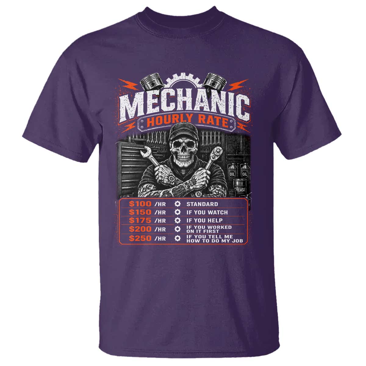 Mechanic Skeleton T Shirt Funny Hourly Rate Auto Car Garage Labor Rates TS10 Purple Print Your Wear