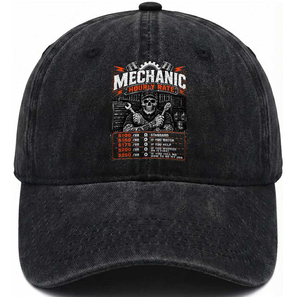 Mechanic Skeleton Washed Cotton Baseball Cap Funny Hourly Rate Auto Car Garage Labor Rates TS10 Print Your Wear