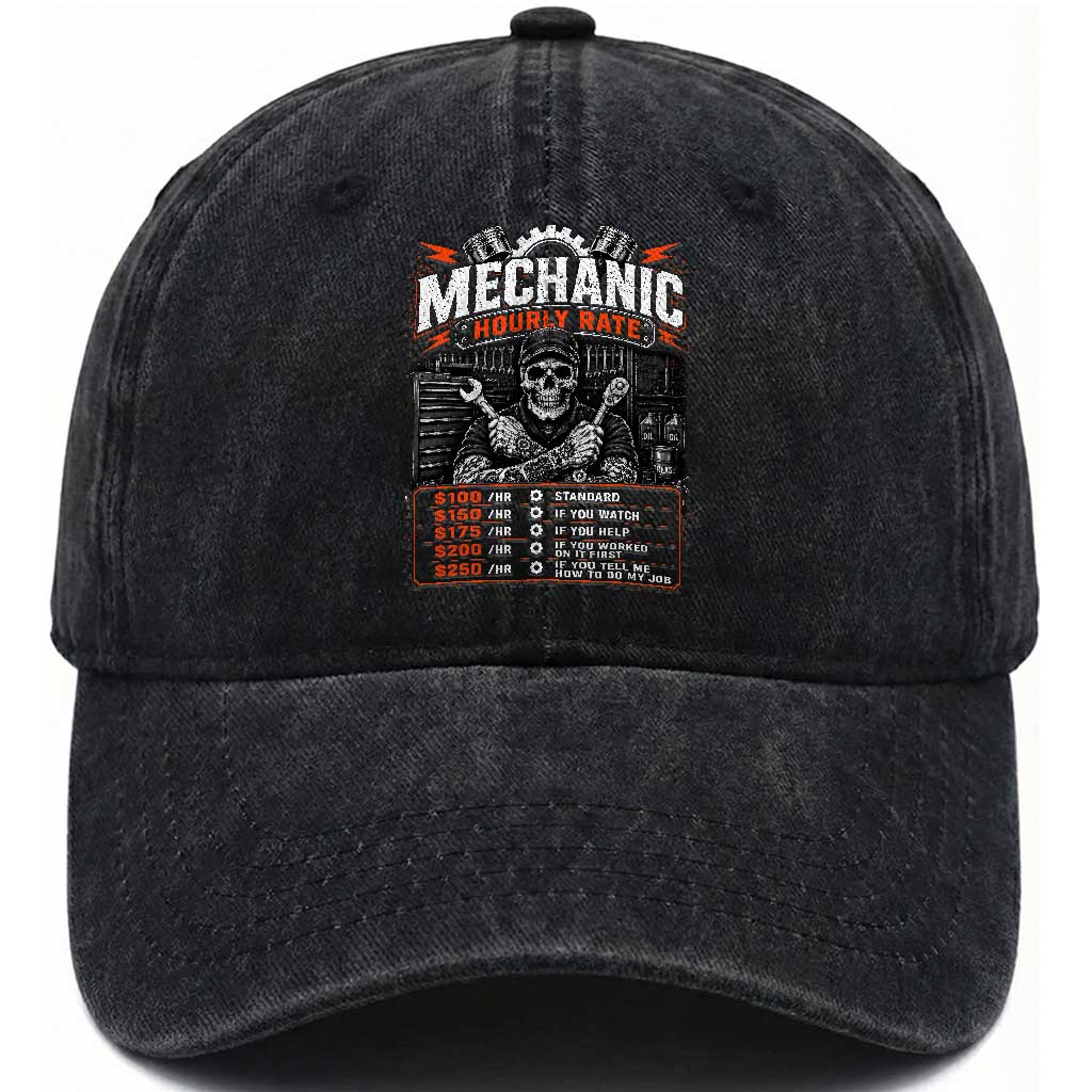 Mechanic Skeleton Washed Cotton Baseball Cap Funny Hourly Rate Auto Car Garage Labor Rates TS10 Print Your Wear