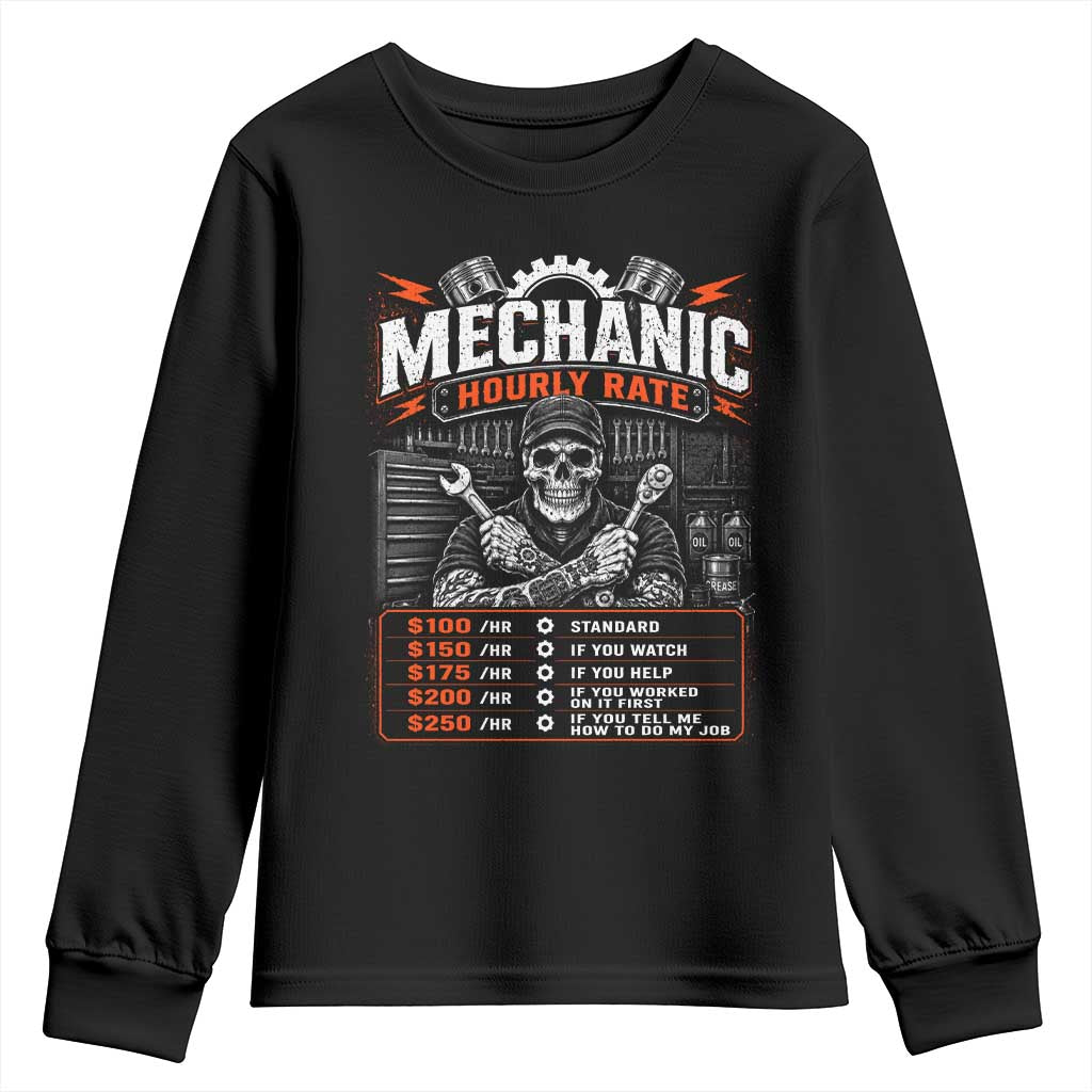 Mechanic Skeleton Youth Sweatshirt Funny Hourly Rate Auto Car Garage Labor Rates TS10 Black Print Your Wear