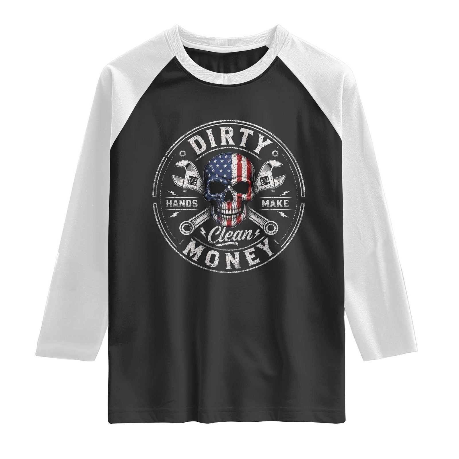 Mechanic Skeleton Raglan Shirt My Hands May Be Dirty But My Money is Clean Auto Repair Garage TS10 Black White Print Your Wear