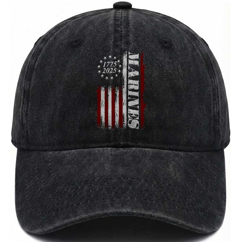 Marine 250th Anniversary Washed Cotton Baseball Cap Retro Patriotic Military Veteran Gift American Flag TS10 Washed Cap Universal Fit Black Print Your Wear