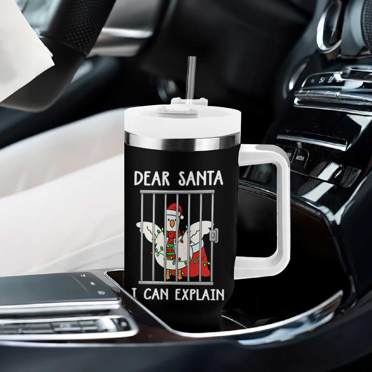 Funny Christmas Goose Tumbler With Handle Dear Santa I Can Explain Xmas Meme TS10 Print Your Wear