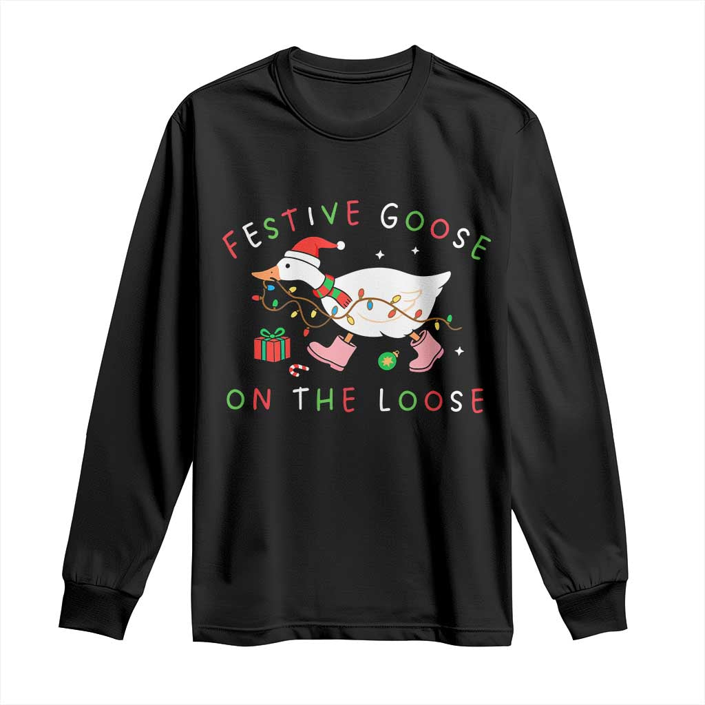 Funny Christmas Goose Long Sleeve Shirt Festive Goose On The Loose Xmas Duck Meme TS10 Black Print Your Wear