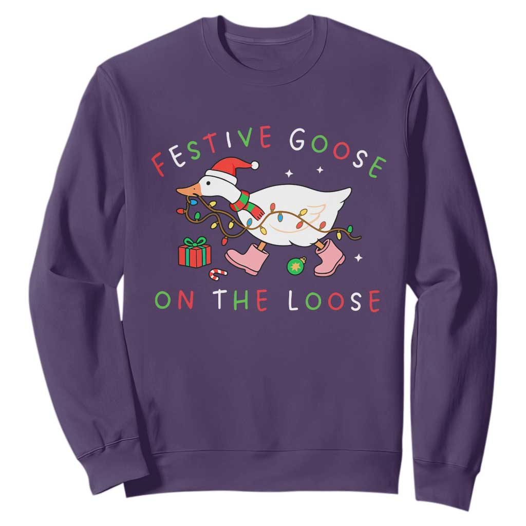Funny Christmas Goose Sweatshirt Festive Goose On The Loose Xmas Duck Meme TS10 Purple Print Your Wear