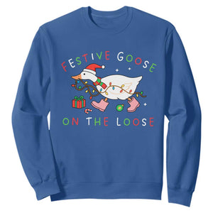 Funny Christmas Goose Sweatshirt Festive Goose On The Loose Xmas Duck Meme TS10 Royal Blue Print Your Wear