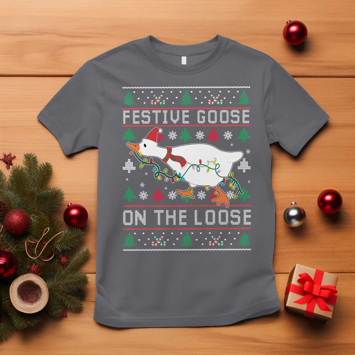 Funny Goose Ugly Christmas T Shirt Festive Goose On The Loose TS10 Charcoal Print Your Wear