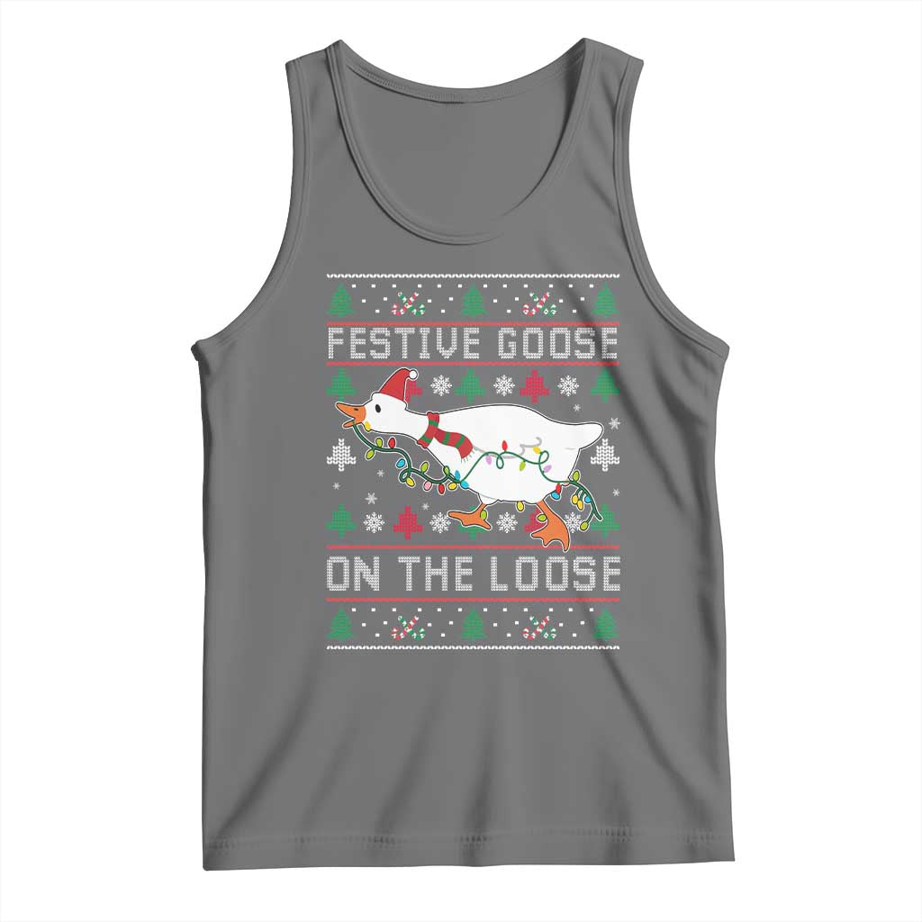 Funny Goose Ugly Christmas Tank Top Festive Goose On The Loose TS10 Black Heather Print Your Wear