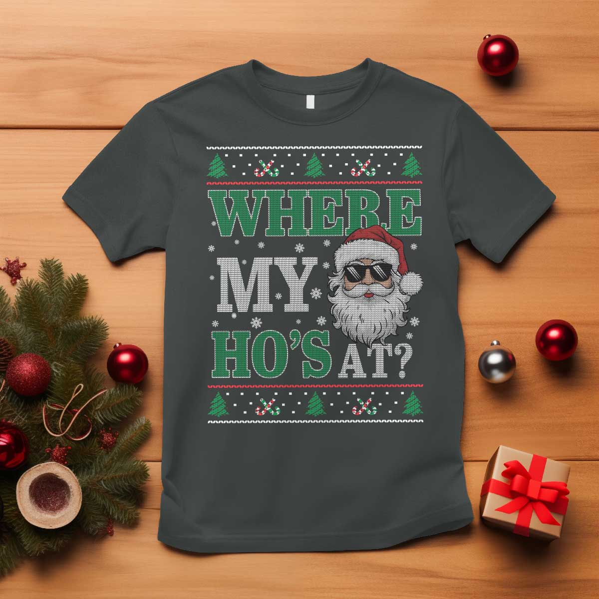 Where's My Ho At Matching Ugly Christmas T Shirt Santa Funny Couples TS10 Dark Heather Print Your Wear