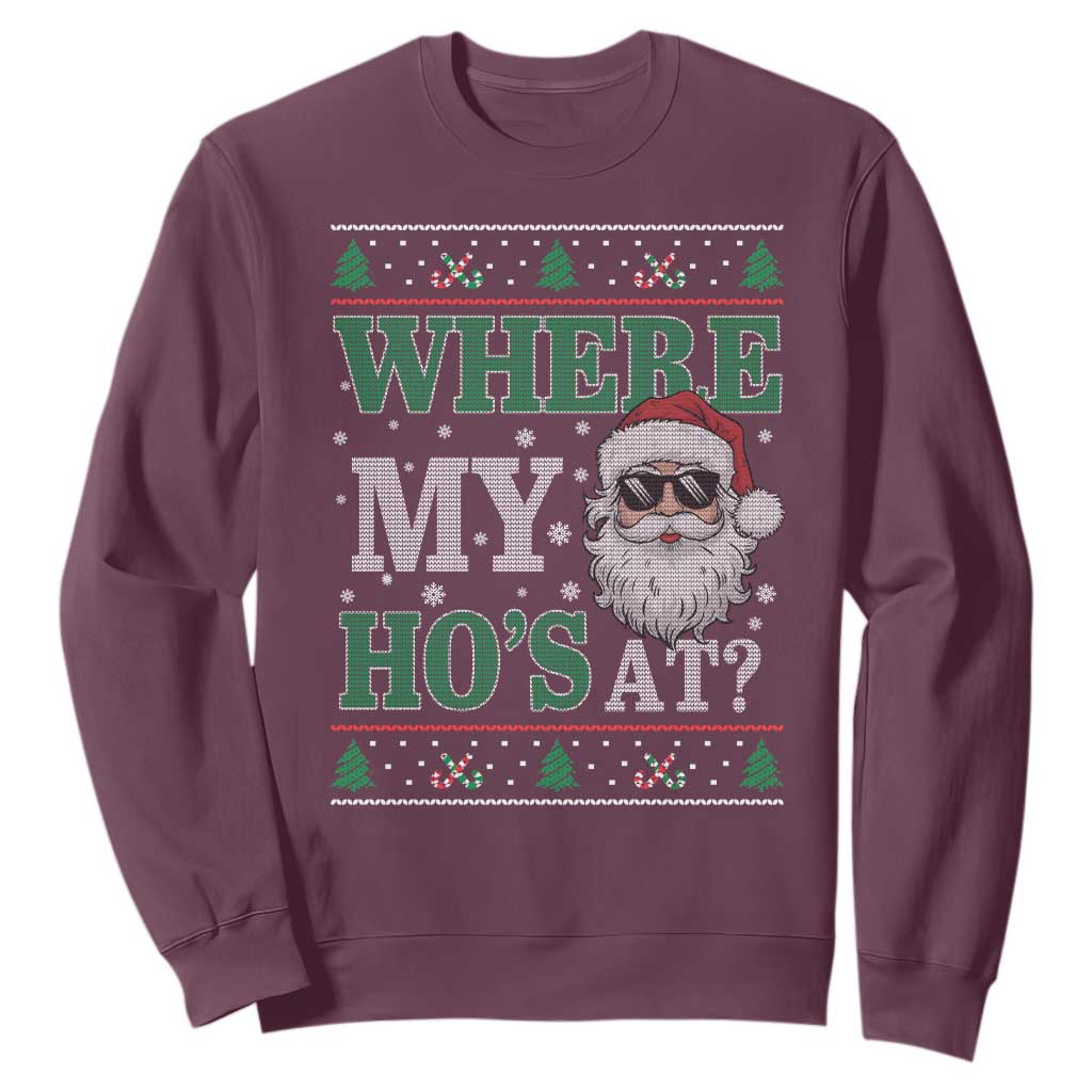 Where's My Ho At Matching Ugly Christmas Sweatshirt Santa Funny Couples TS10 Maroon Print Your Wear
