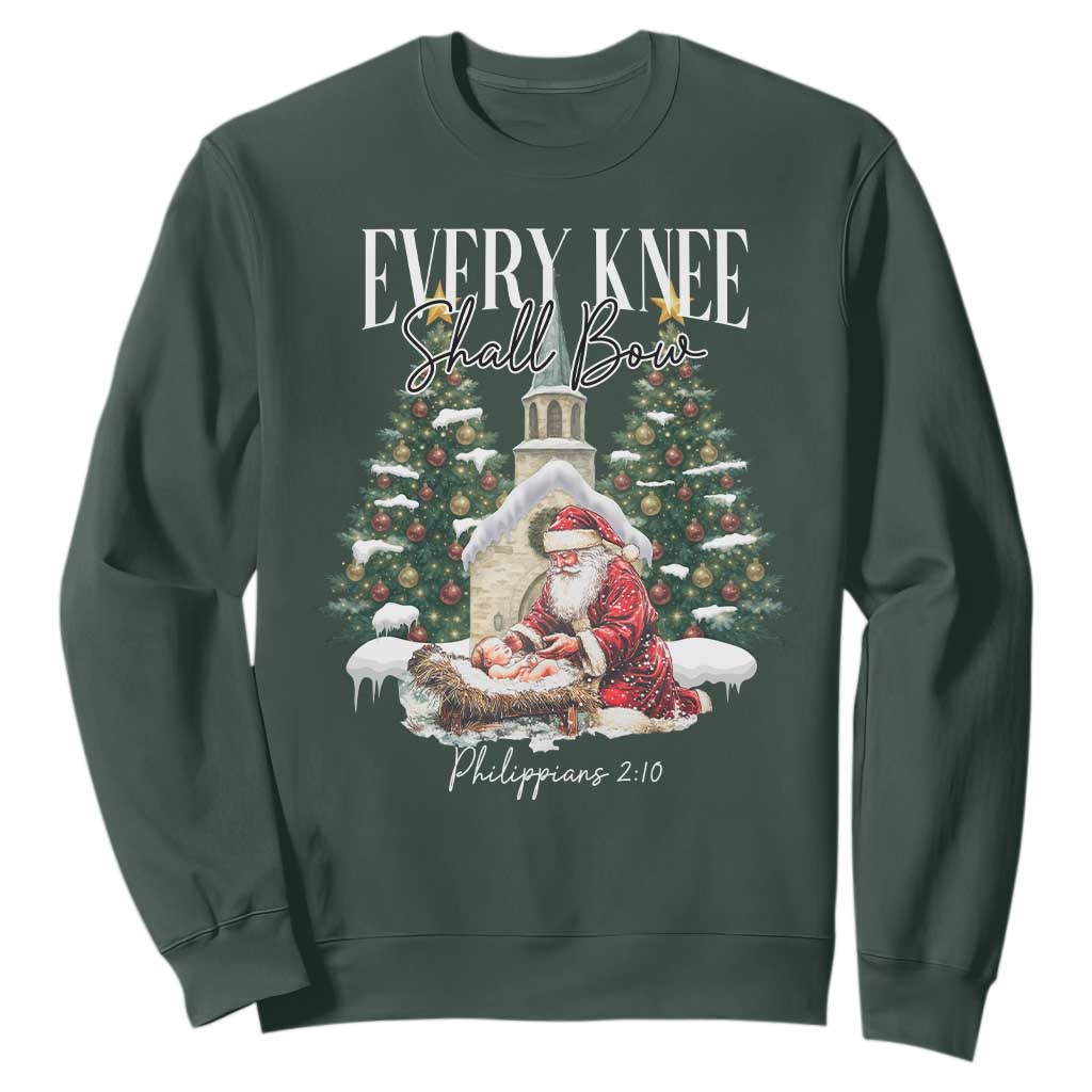 Every Knee Shall Bow Sweatshirt Nativity Scene Santa and Baby Jesus Christmas TS10 Dark Forest Green Print Your Wear