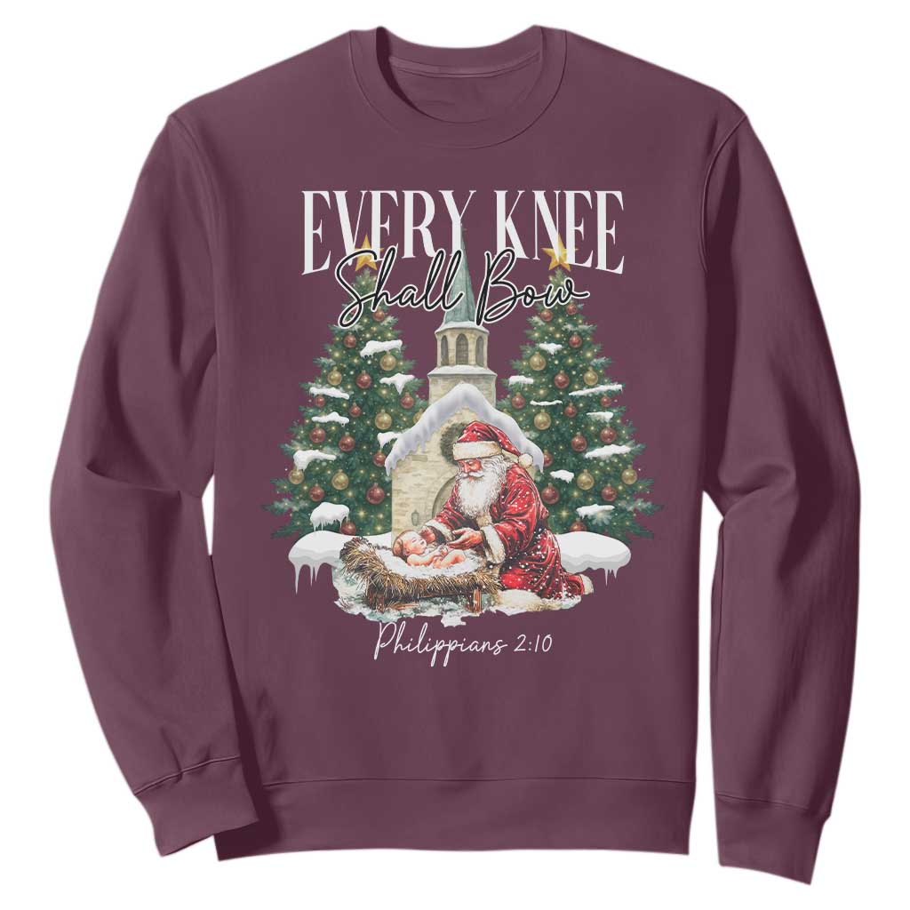 Every Knee Shall Bow Sweatshirt Nativity Scene Santa and Baby Jesus Christmas TS10 Maroon Print Your Wear