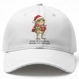 First of All Santa Thinks Im A Delight Christmas Frog Meme Baseball Cap Sarcastic Winter Cocoa Aesthetic
