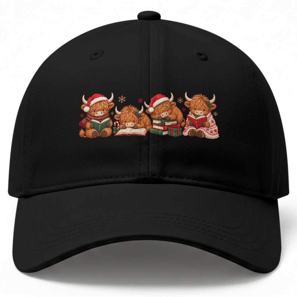 Christmas Highland Cow Book Lover Baseball Cap Farmhouse Cozy Bookworm Reading Squad Holiday
