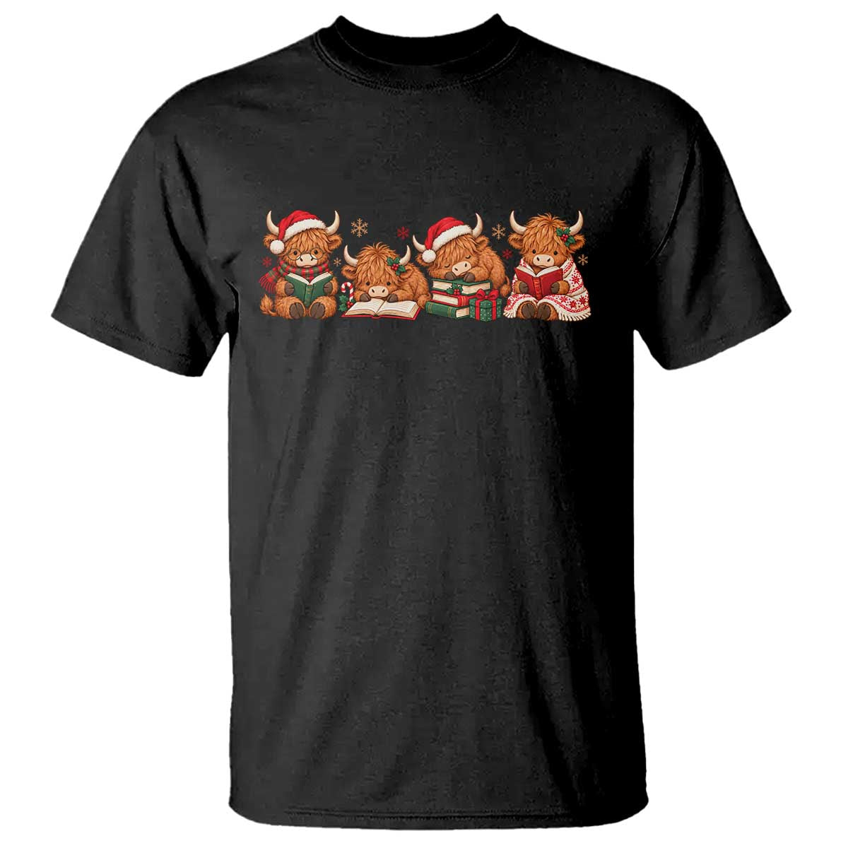 Christmas Highland Cow Book Lover T Shirt Farmhouse Cozy Bookworm Reading Squad Holiday