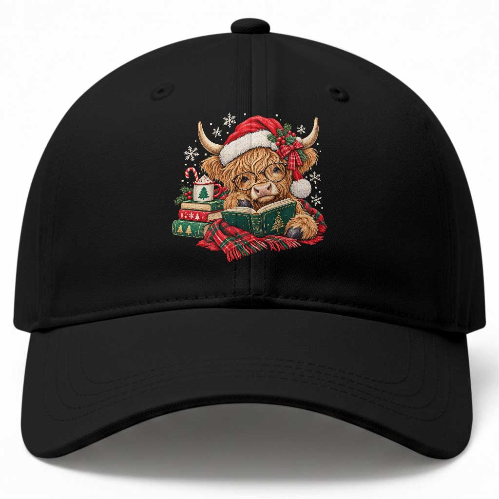 Christmas Highland Cow Book Lover Baseball Cap Vintage Farmhouse Bookworm Reading Aesthetic