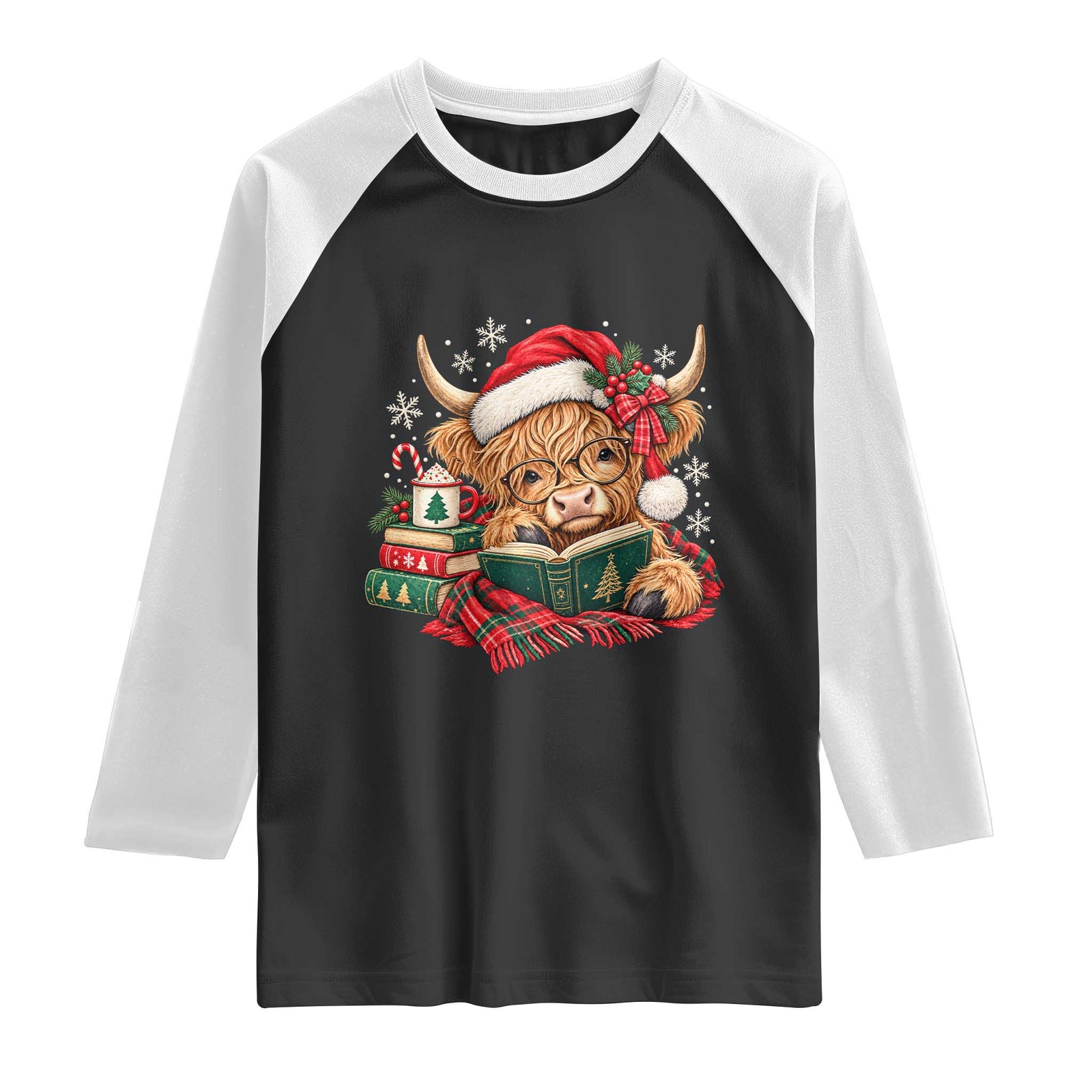 Christmas Highland Cow Book Lover Raglan Shirt Vintage Farmhouse Bookworm Reading Aesthetic