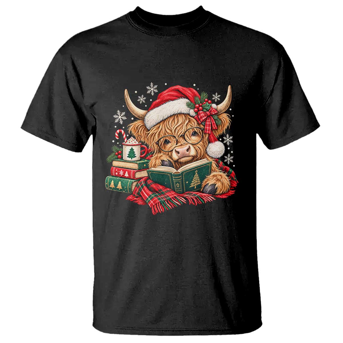 Christmas Highland Cow Book Lover T Shirt Vintage Farmhouse Bookworm Reading Aesthetic