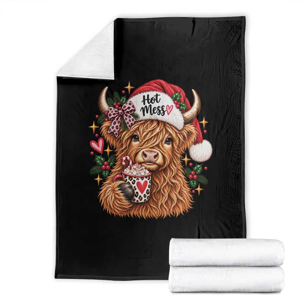 Hot Mess Christmas Highland Cow Throw Blanket Sassy Leopard Bow Holiday Cocoa
