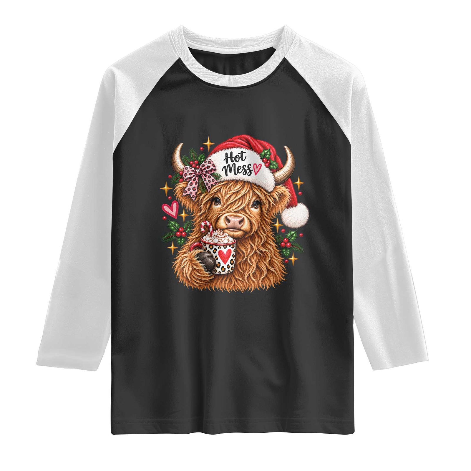 Hot Mess Christmas Highland Cow Raglan Shirt Sassy Leopard Bow Holiday Cocoa