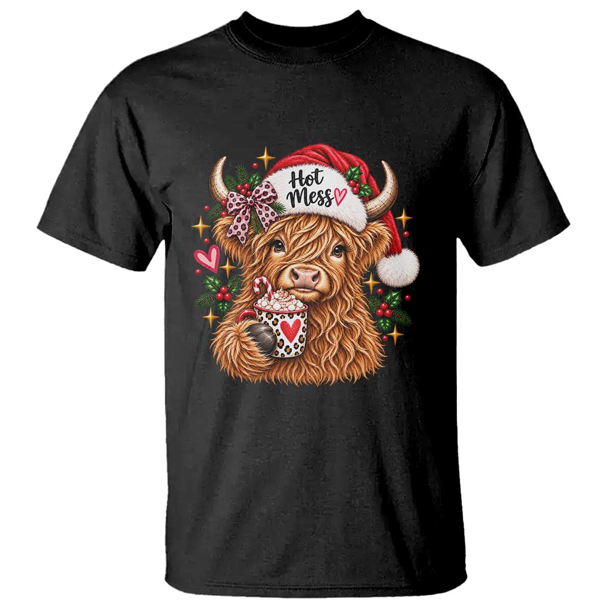 Hot Mess Christmas Highland Cow T Shirt Sassy Leopard Bow Holiday Cocoa