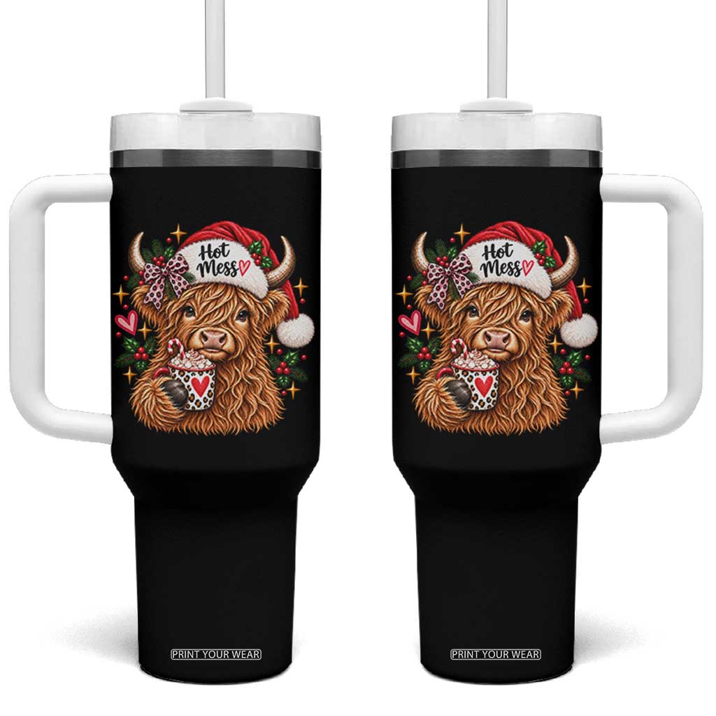 Hot Mess Christmas Highland Cow Tumbler With Handle Sassy Leopard Bow Holiday Cocoa