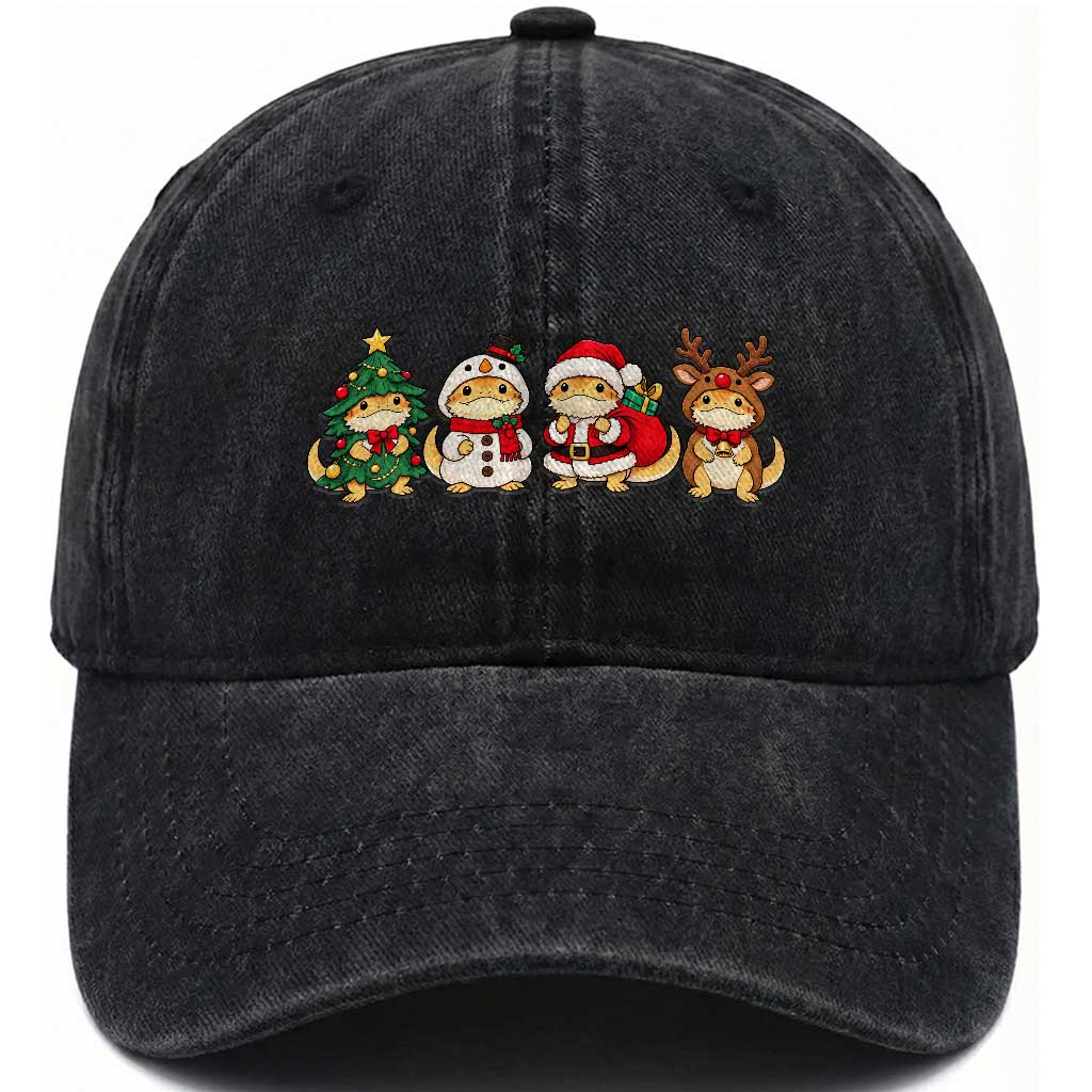 Christmas Bearded Dragon Lover Washed Cotton Baseball Cap Kawaii Reptile Santa Snowman Holiday
