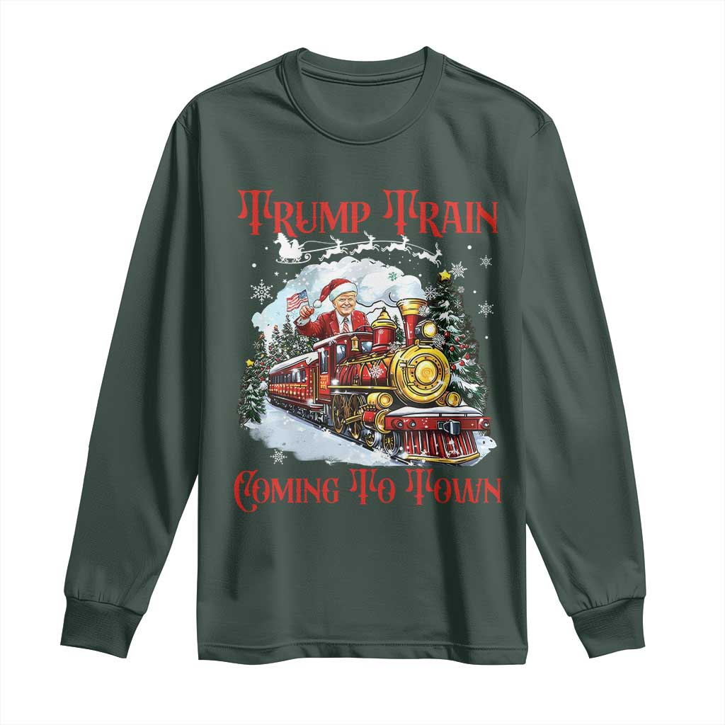 Funny Trump Christmas Long Sleeve Shirt Trump Train Coming To Town Santa Pajamas TS10 Dark Forest Green Print Your Wear