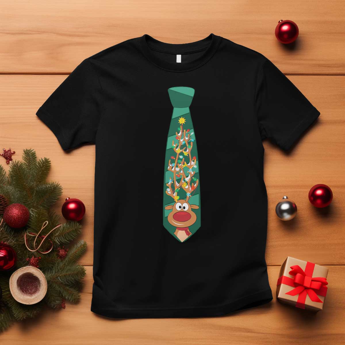 Funny Christmas T Shirt Tie With Reindeer For Family Matching Ugly Gift TS10 Black Print Your Wear