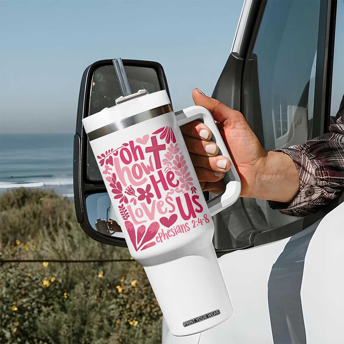 Oh how He Loves Us Tumbler With Handle Boho Christian Valentine TS10 Print Your Wear
