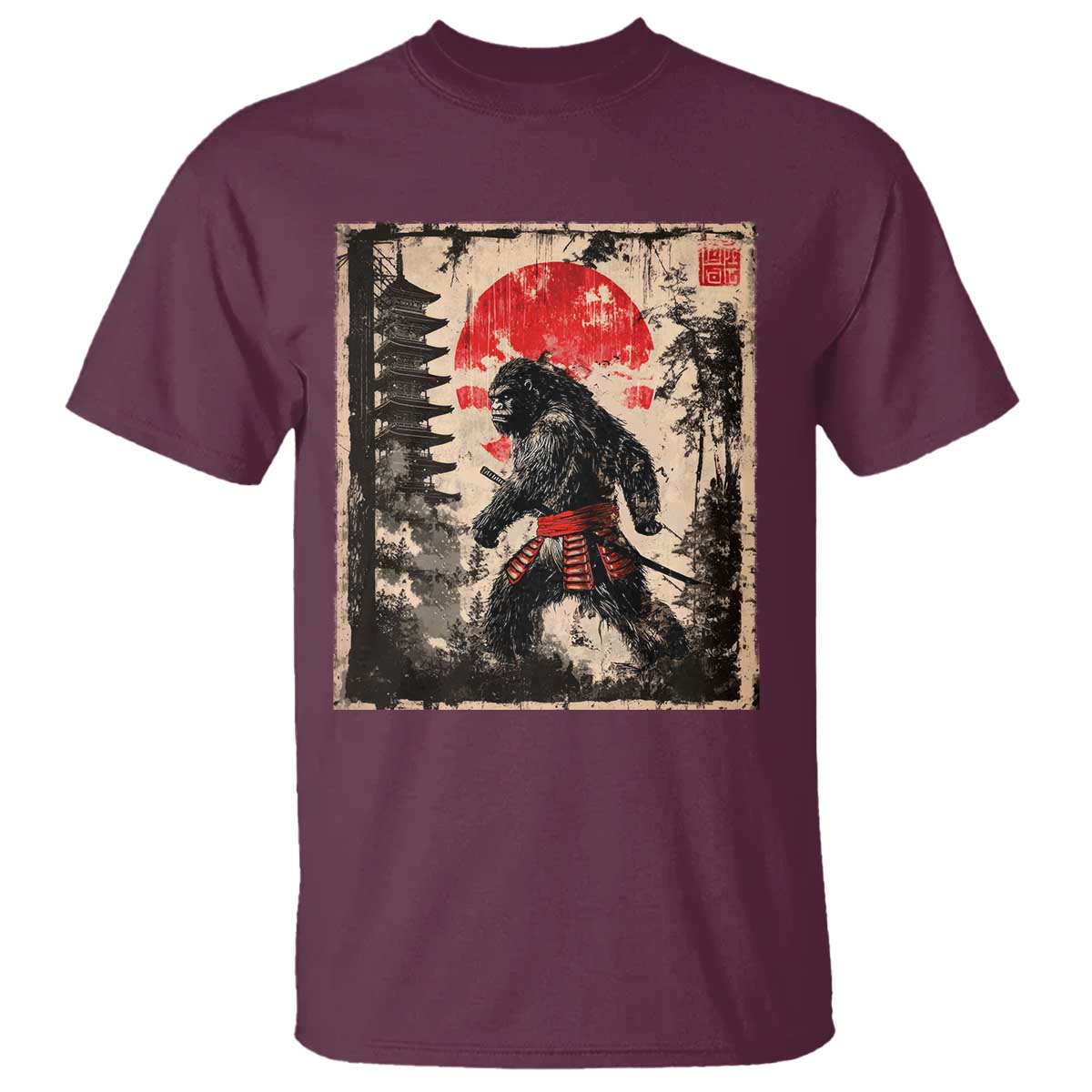 Samurai Bigfoot T Shirt Japanese Vintage Sasquatch Graphic Ukiyo-e Art Funny TS10 Maroon Print Your Wear
