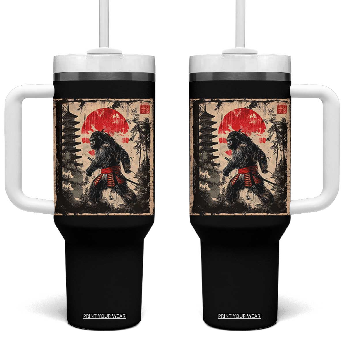 Samurai Bigfoot Tumbler With Handle Japanese Vintage Sasquatch Graphic Ukiyo-e Art Funny TS10 One Size: 40 oz Black Print Your Wear