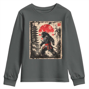 Samurai Bigfoot Youth Sweatshirt Japanese Vintage Sasquatch Graphic Ukiyo-e Art Funny TS10 Dark Heather Print Your Wear