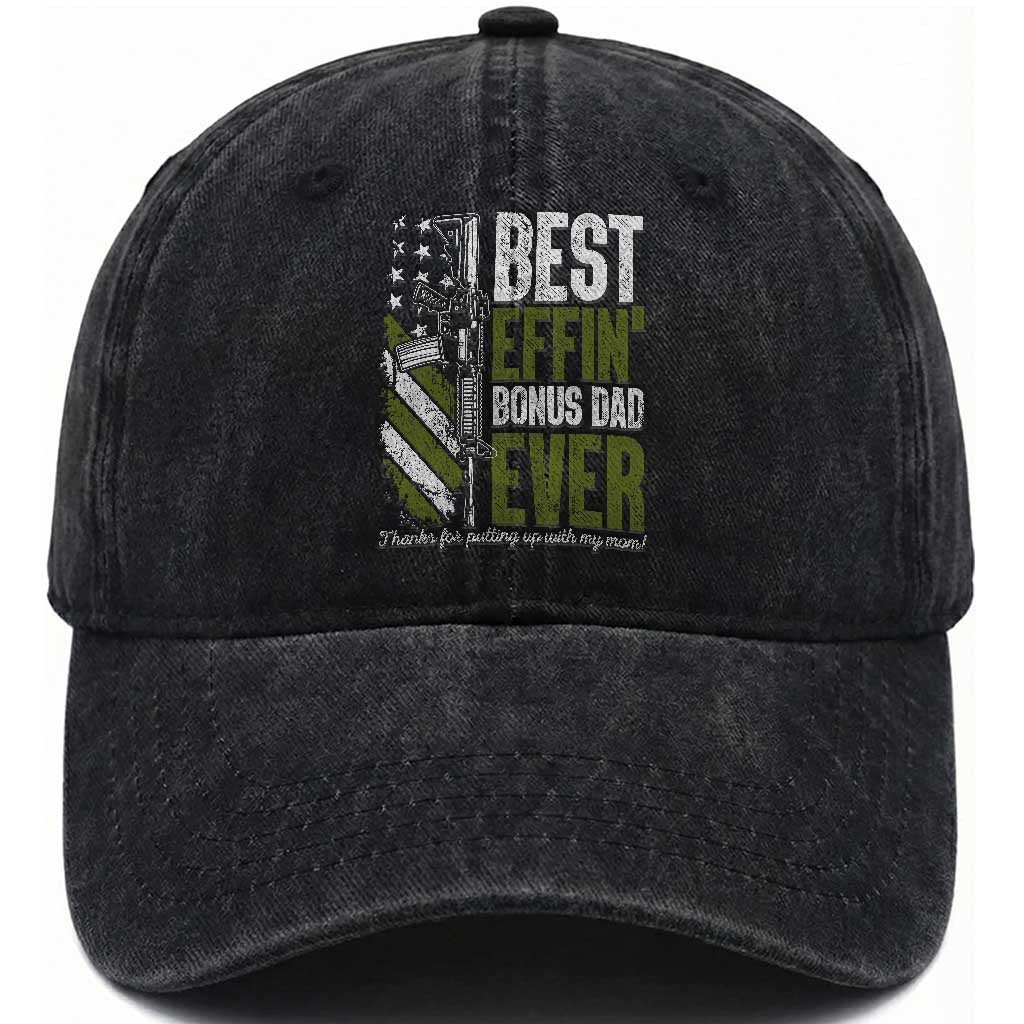 Best Effin’ Bonus Dad Ever Washed Cotton Baseball Cap Step Dad Gun American Flag TS10 Print Your Wear