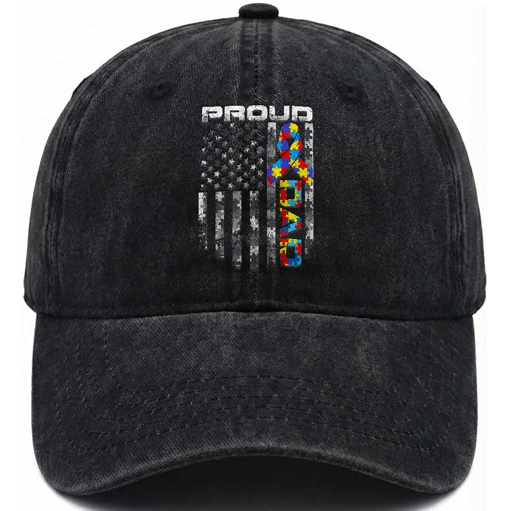 Vintage Proud Autism Dad Washed Cotton Baseball Cap USA American Flag Father Day TS10 Print Your Wear