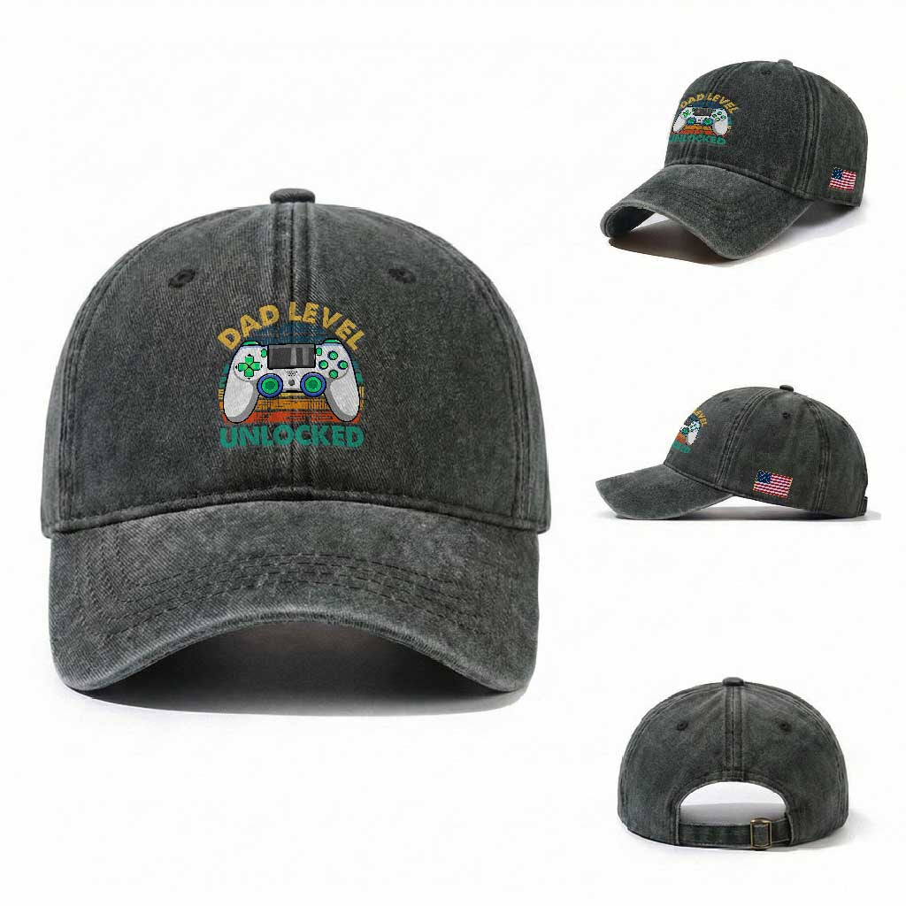 Funny New Dad Washed Cotton Baseball Cap Retro Dad Level Unlocked Gaming Gamer TS10 Washed Cap Universal Fit Dark Green Print Your Wear