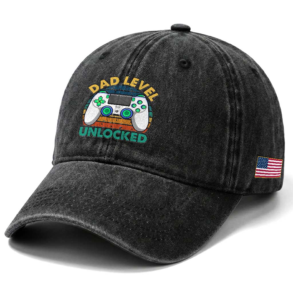Funny New Dad Washed Cotton Baseball Cap Retro Dad Level Unlocked Gaming Gamer TS10 Print Your Wear